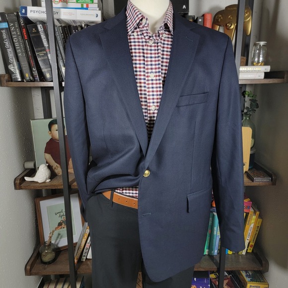 Stafford Men's Sport Coat Blazer Two Button Solid Navy Blue Wool Size 46R - Picture 1 of 16